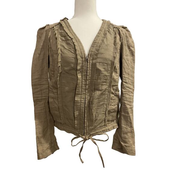 Anthropologie Hei Hei Bomber Jacket Linen Green Pleated Zip Military Sz 10 Top - Picture 1 of 8